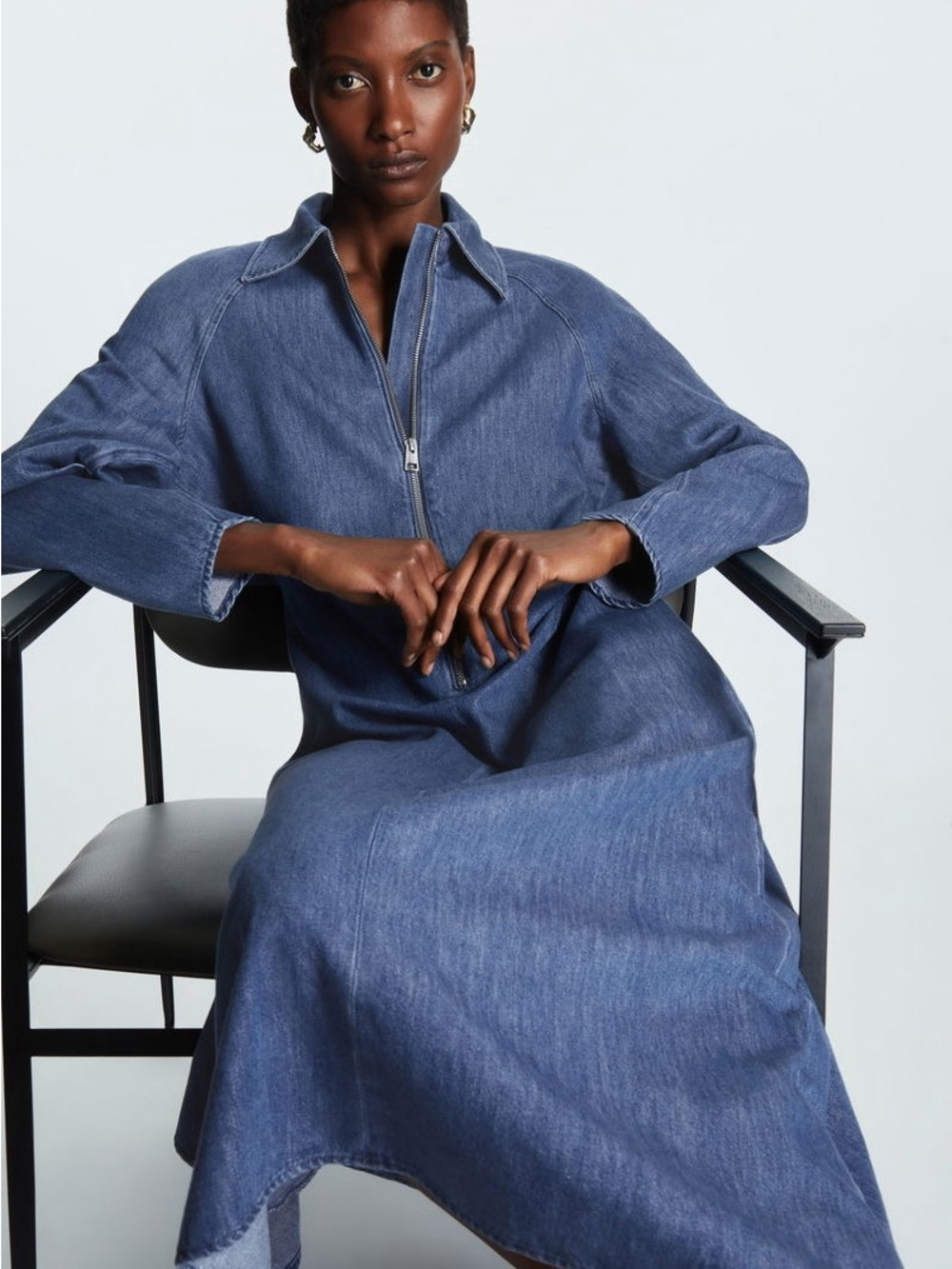 COS L Denim Zip Up Midi Dress Back Pleats Structural Architectural Modern Collar - Picture 5 of 13